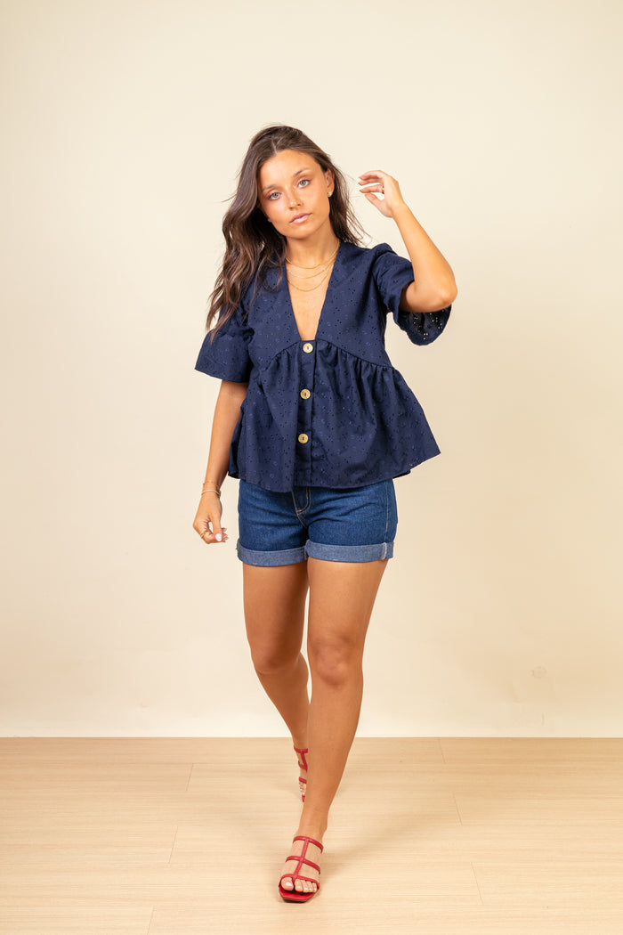 Blusa Sabrina Broderie Navy