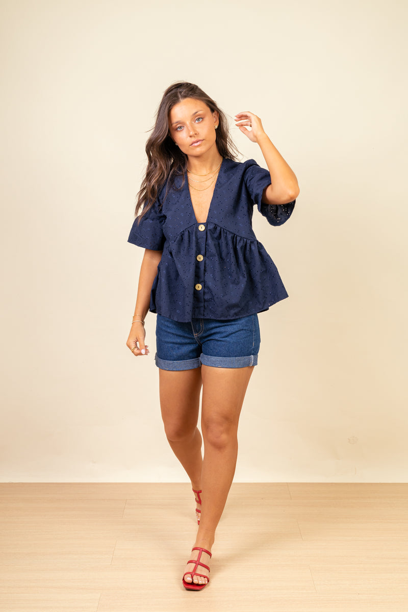 Blusa Sabrina Broderie Navy