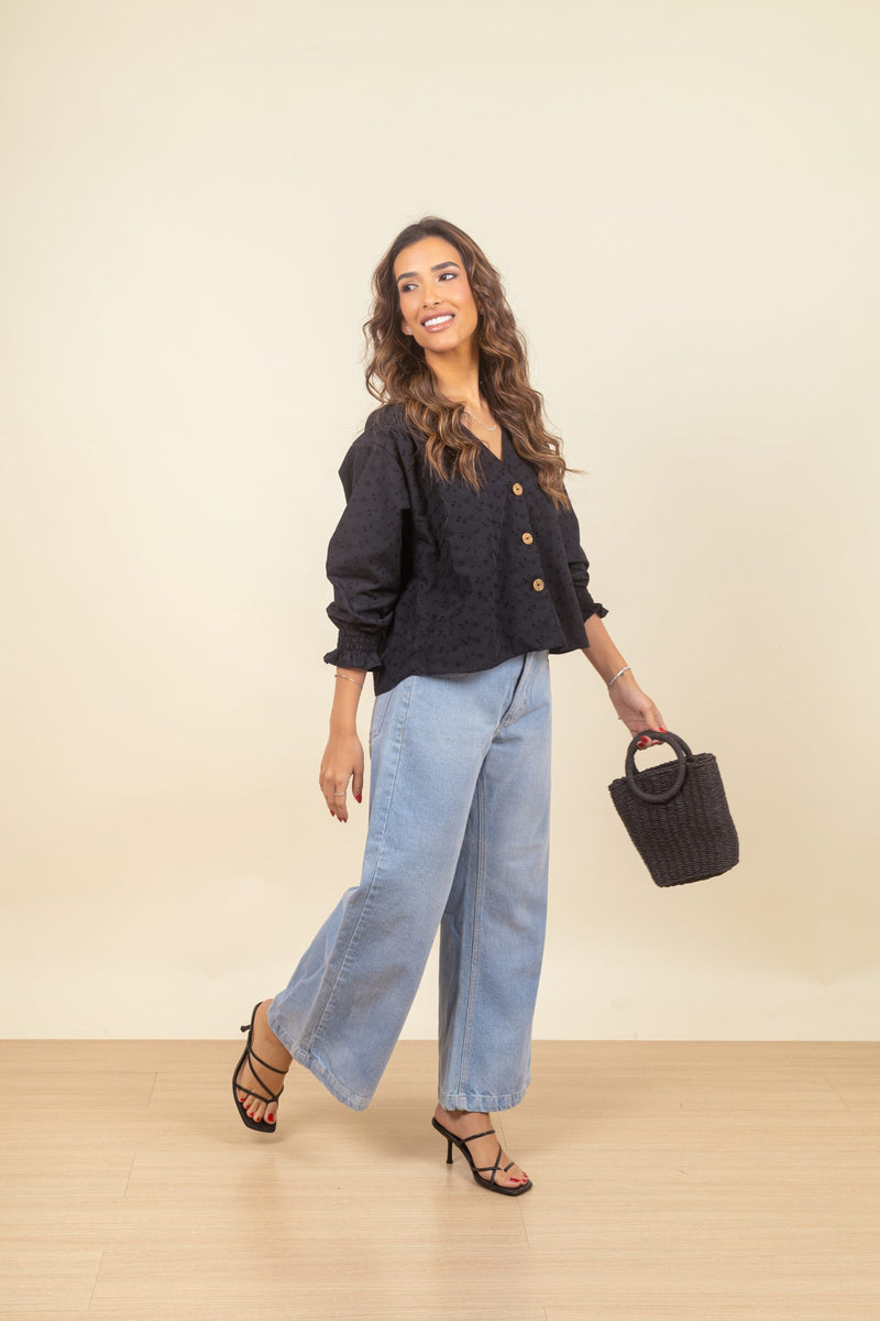 Camisa Lina Broderie Noir