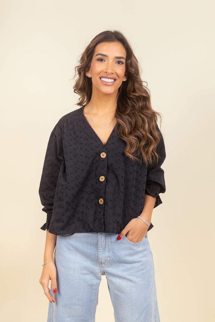 Camisa Lina Broderie Noir