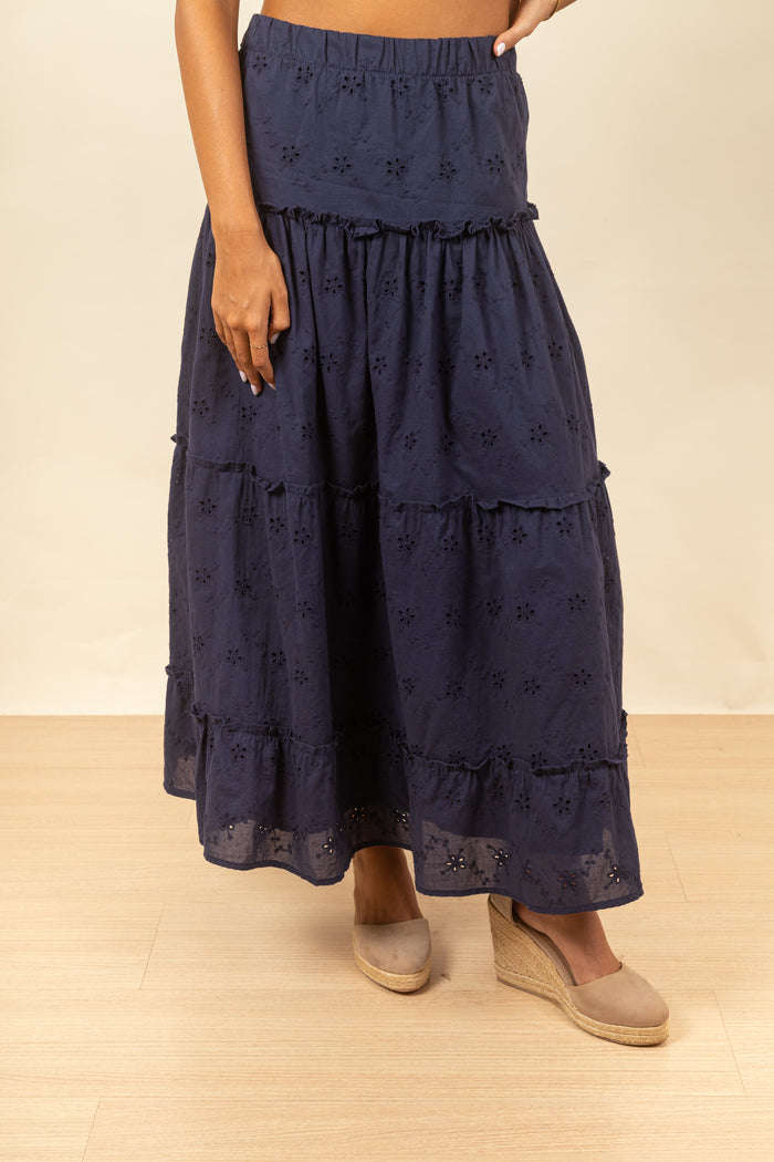 Falda Cassandra Maxi Broderie Navy